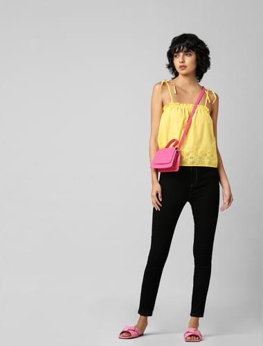 yellow strappy schiffli top