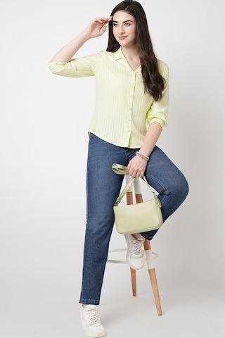 yellow stripe casual 3/4th sleeves regular collar women slim fit shirt