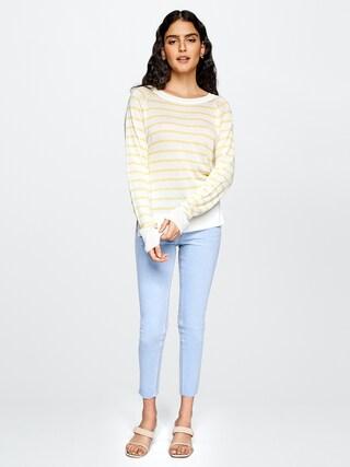 yellow stripe casual full sleeves round neck women regular fit top