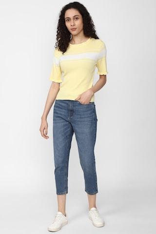yellow stripe casual half sleeves round neck women regular fit top
