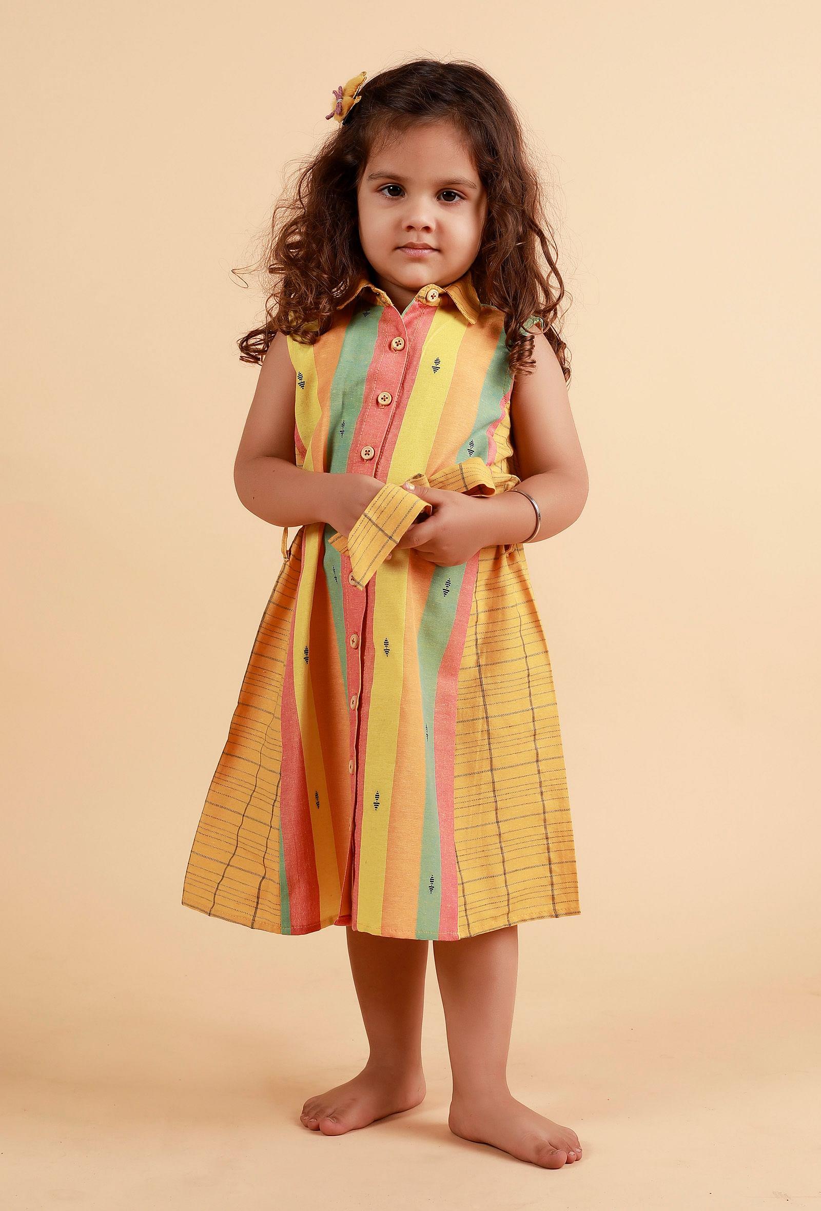 yellow stripe dress with checked belt