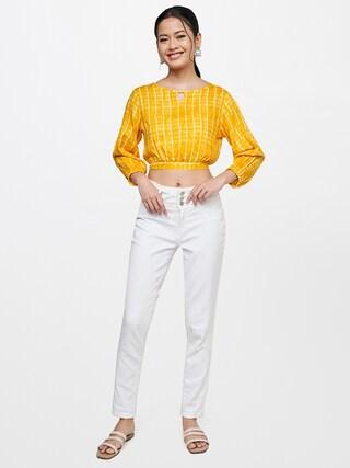 yellow stripe formal full sleeves round neck women regular fit top