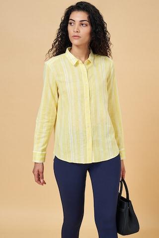 yellow stripe formal full sleeves shirt collar women comfort fit shirt