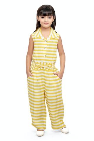 yellow stripe regular collar casual full length sleeveless girls regular fit jumpsuit