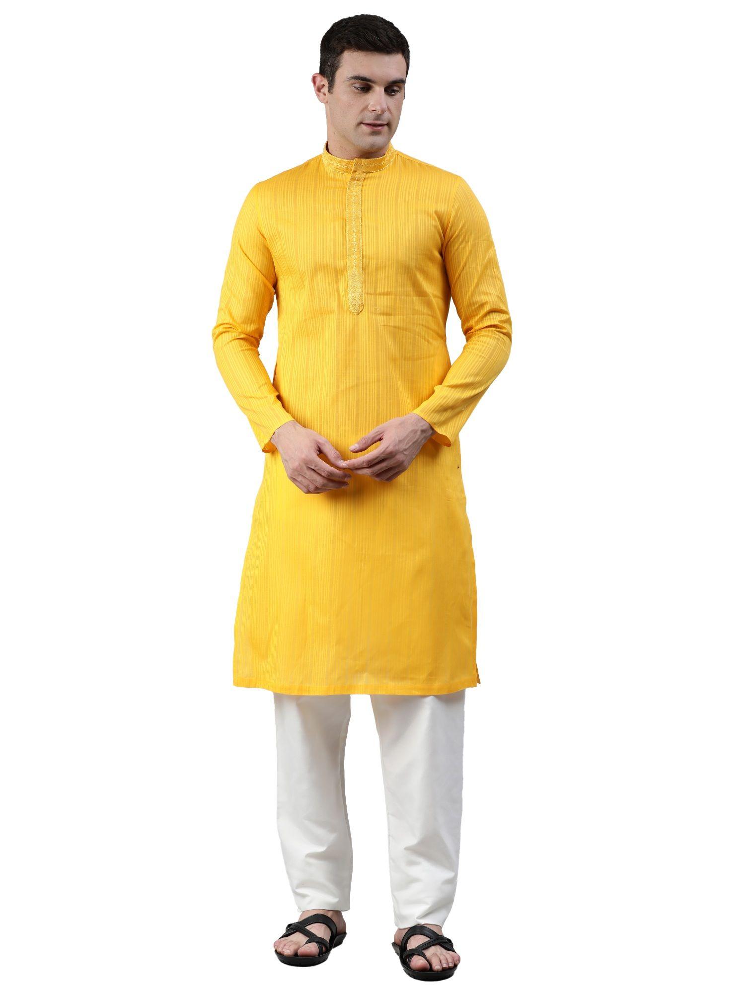 yellow striped blended cotton knee length kurta