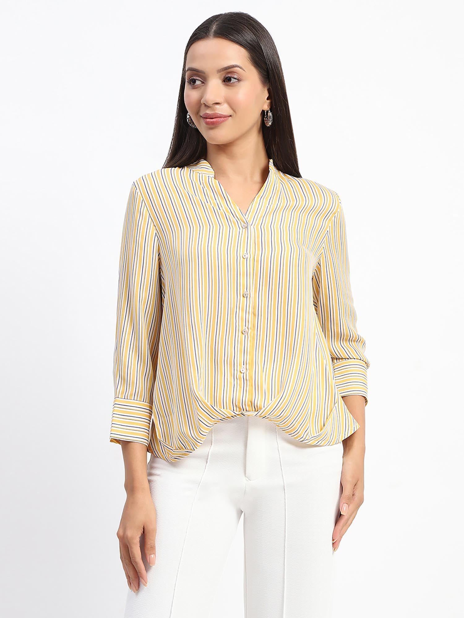 yellow striped mandarin collar button down shirt