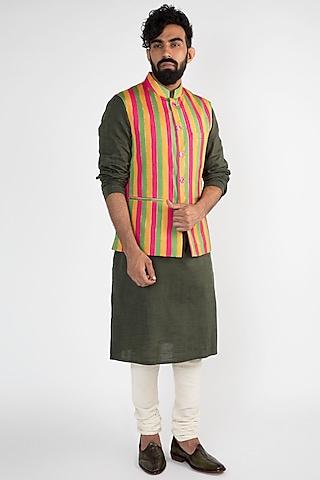 yellow striped printed nehru jacket