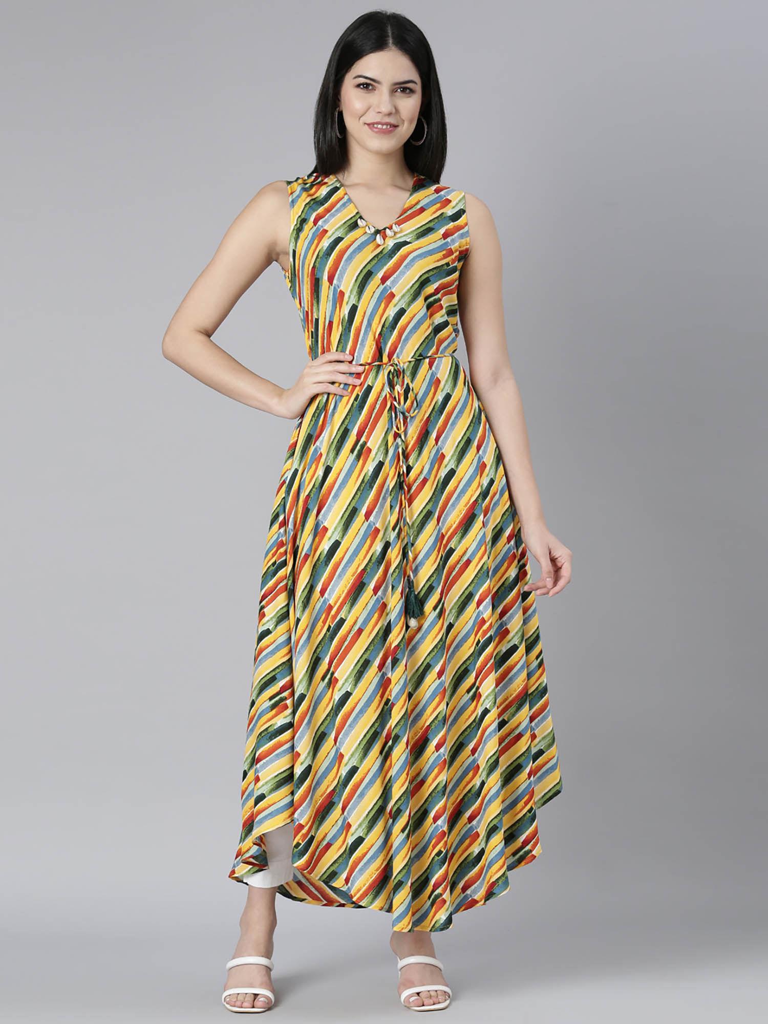 yellow stripes beads and stones maxi dress with belt (set of 2)