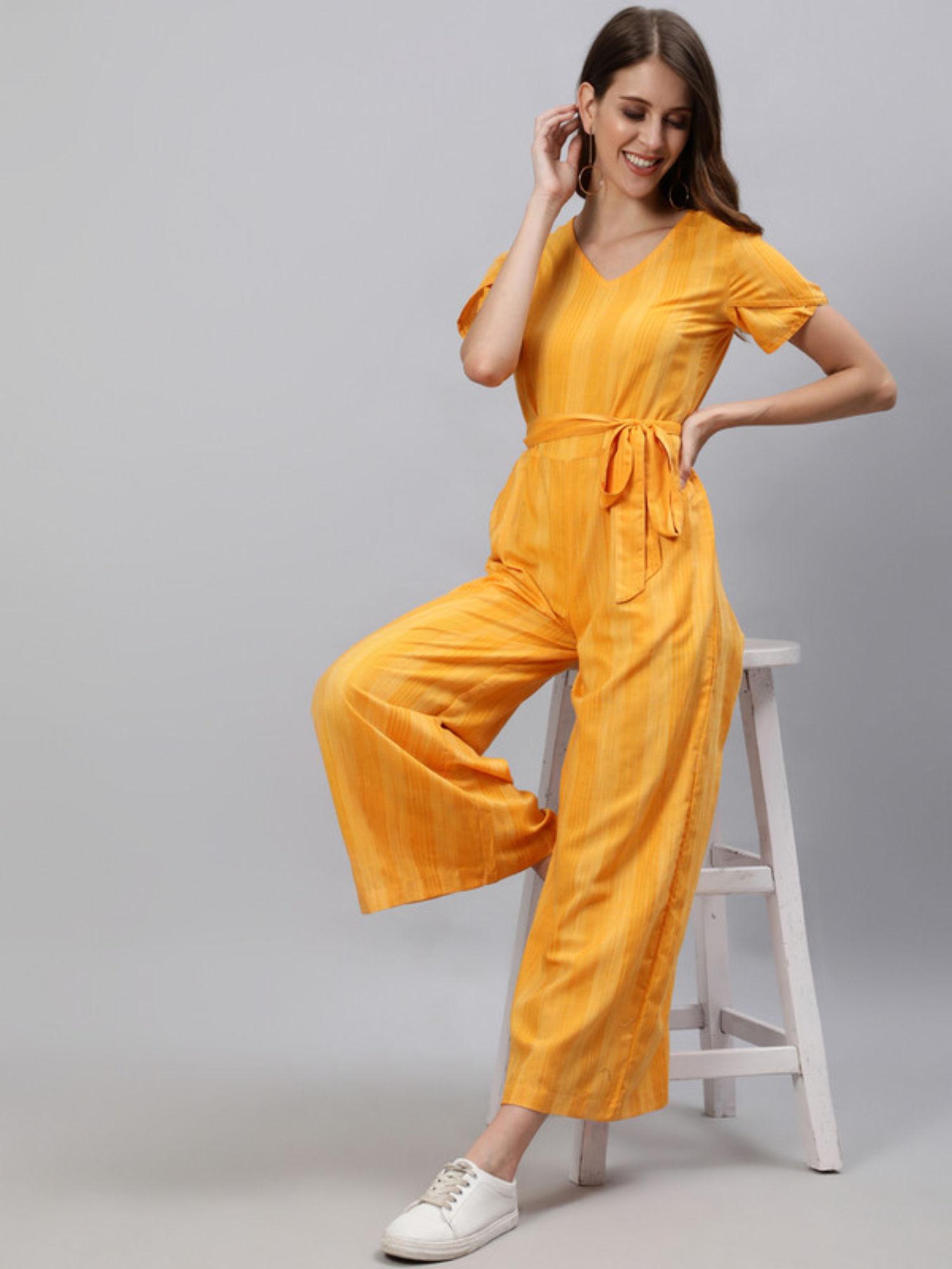 yellow stripes cotton casual jumpsuit with belt