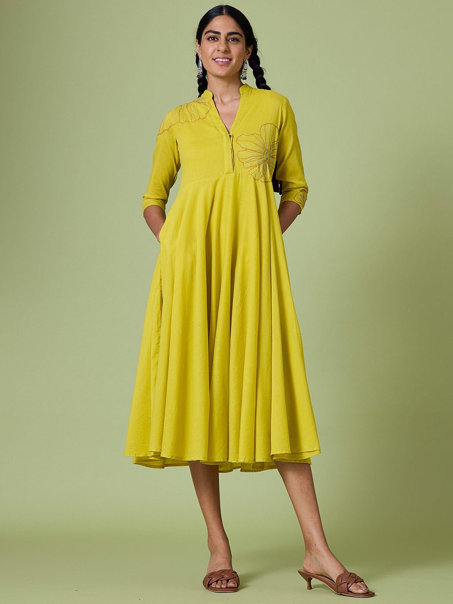 yellow summer love pure cotton hand embroidered mirror work dress