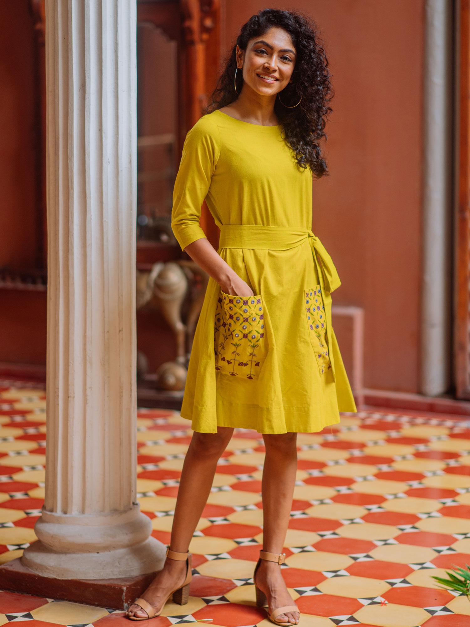 yellow sunflower pure cotton mirror work dress