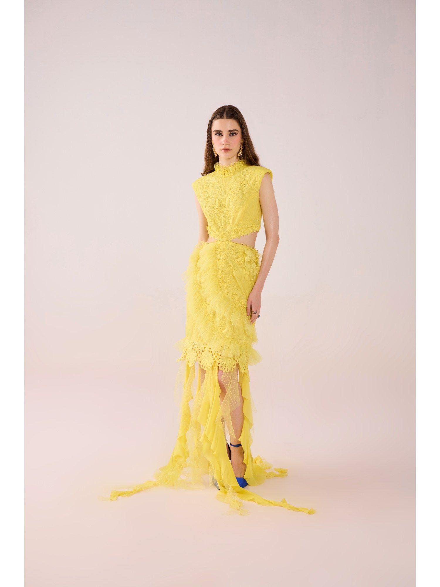 yellow sunglow aurora lace dress