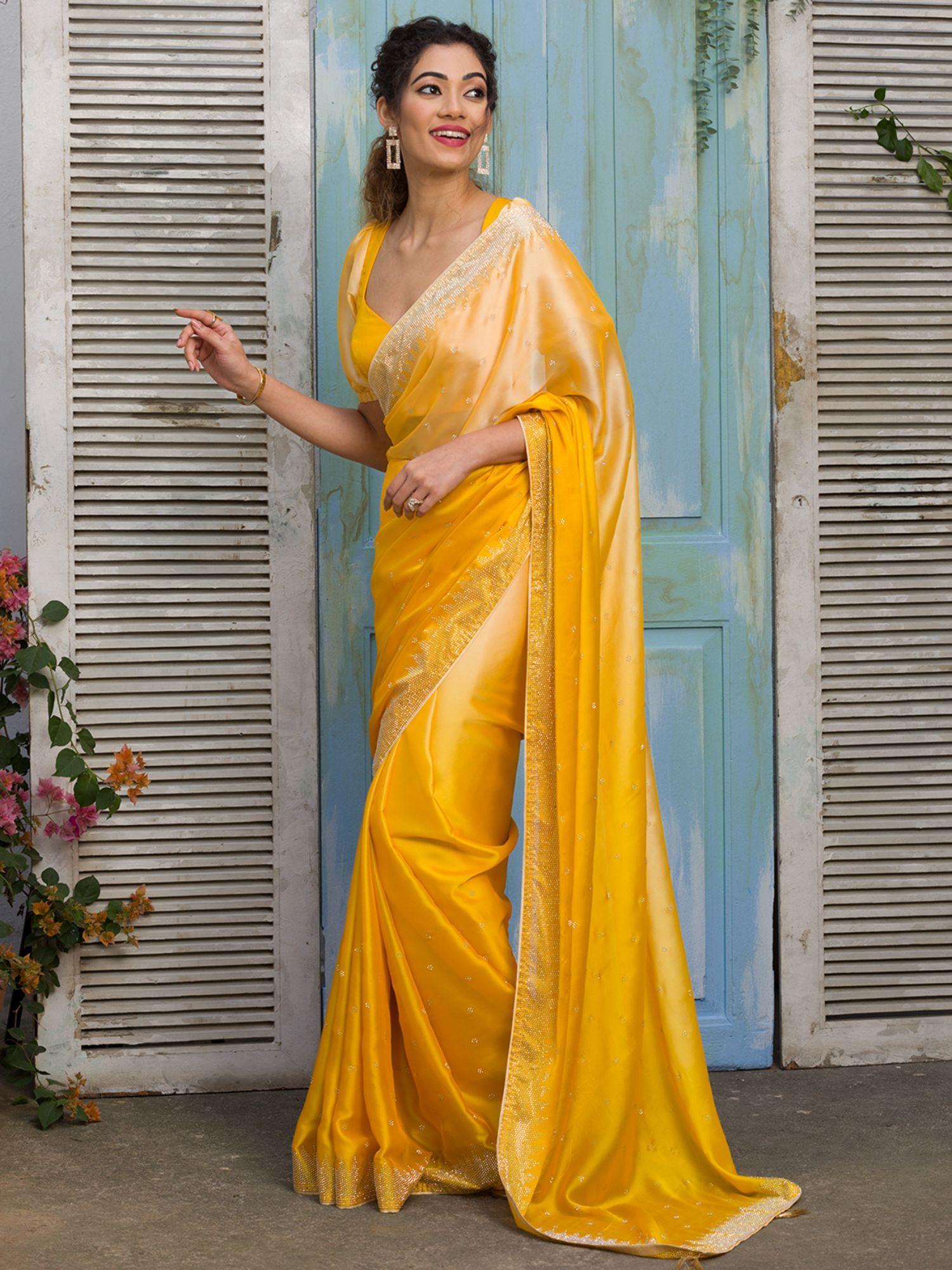 yellow swarovski stone work satin designer saree with unstitched blouse