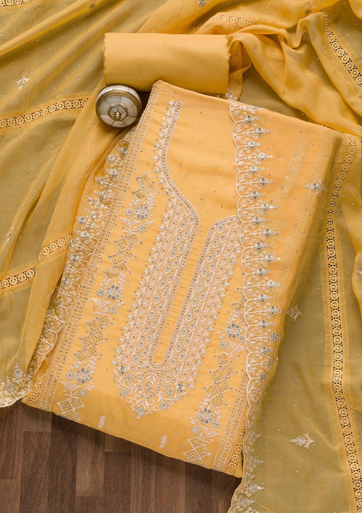 yellow swarovski tissue unstitched salwar suit