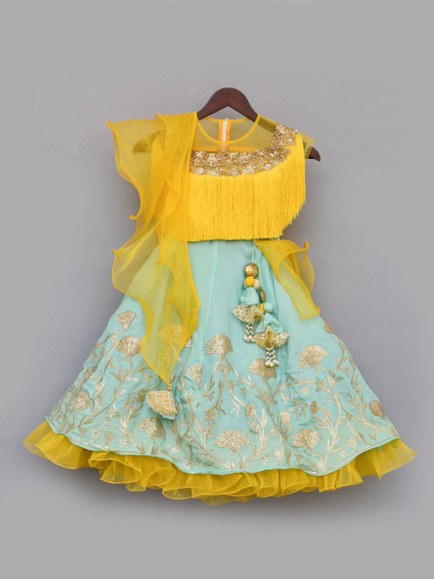 yellow tassel top with aqua blue lehenga and dupatta (set of 3)