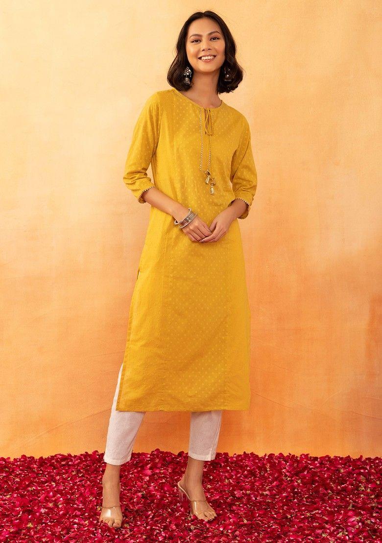 yellow tasseled  cotton straight kurta