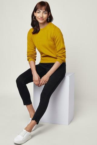 yellow textured casual full sleeves crew neck women regular fit sweater