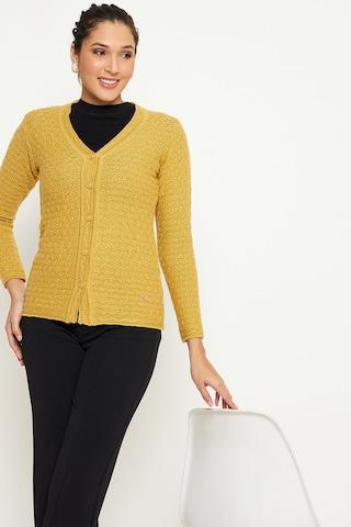 yellow textured casual full sleeves v neck women regular fit cardigan