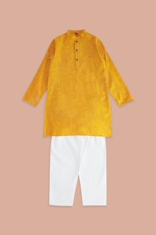 yellow textured casual mandarin full sleeves boys regular fit pant kurta set