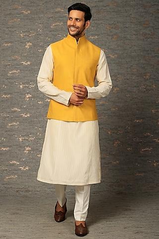 yellow textured cotton silk nehru jacket