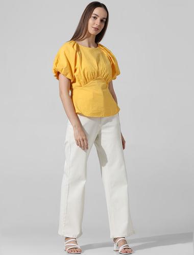 yellow textured puff sleeves top