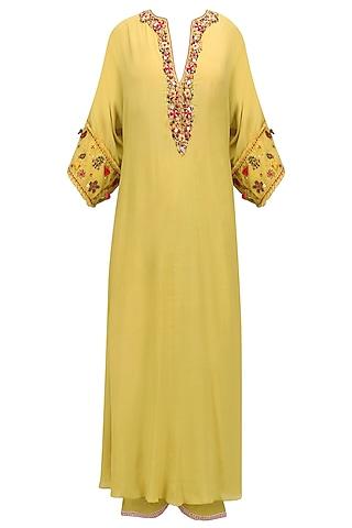yellow thread, sequins and beads work tunic and pants set