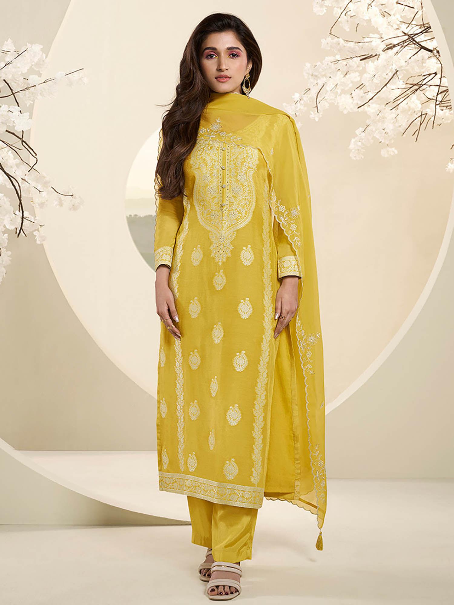 yellow thread weave kurta with trousers and dupatta (set of 3)