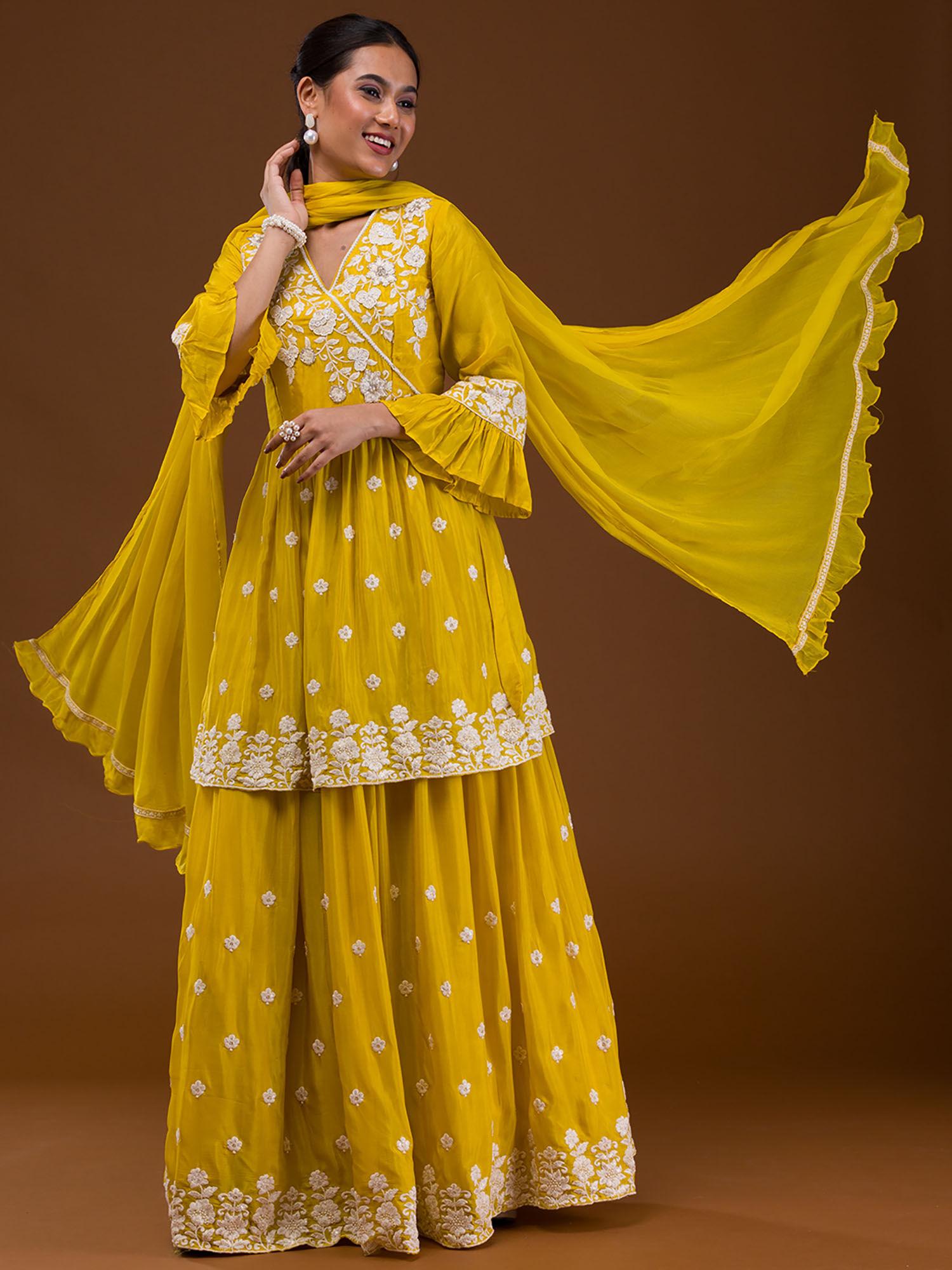 yellow thread work chiffon readymade angarkha kurti with skirt & dupatta (set of 3)