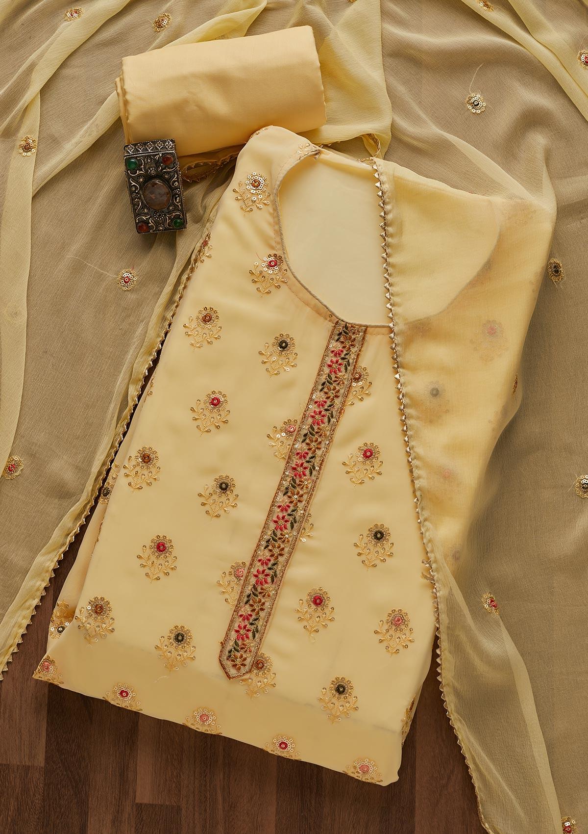 yellow threadwork georgette semi-stitched salwar suit
