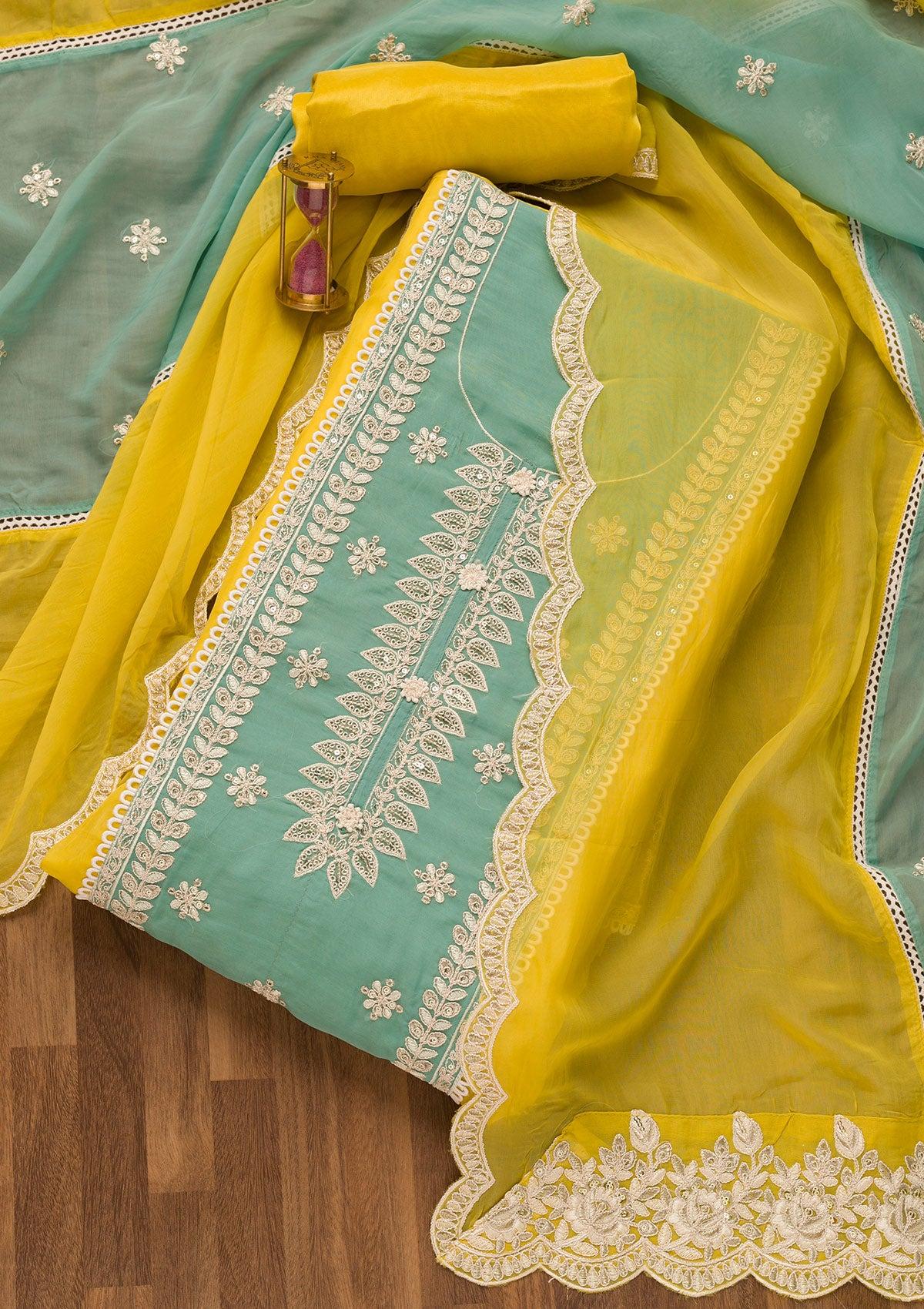 yellow threadwork georgette unstitched salwar suit