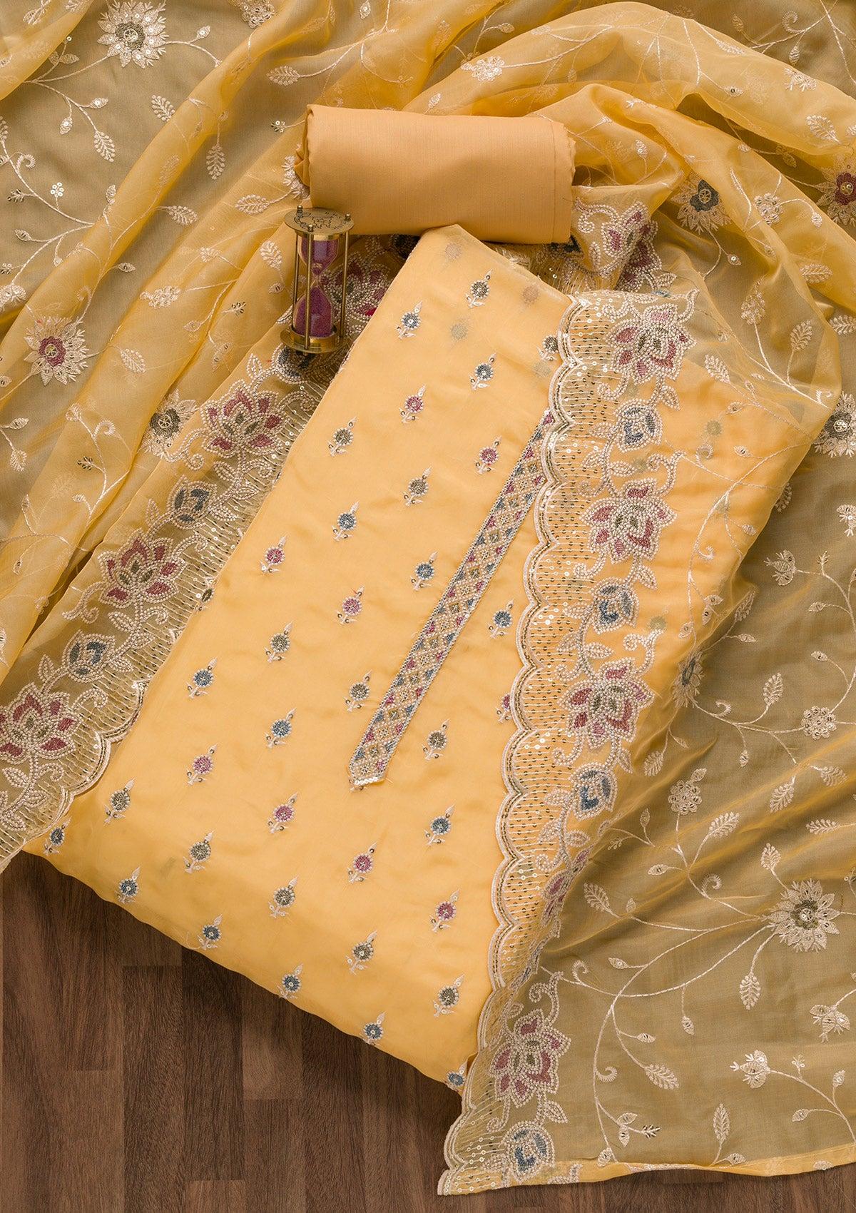 yellow threadwork tissue unstitched salwar suit