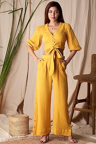 yellow tie- up dobby blouse