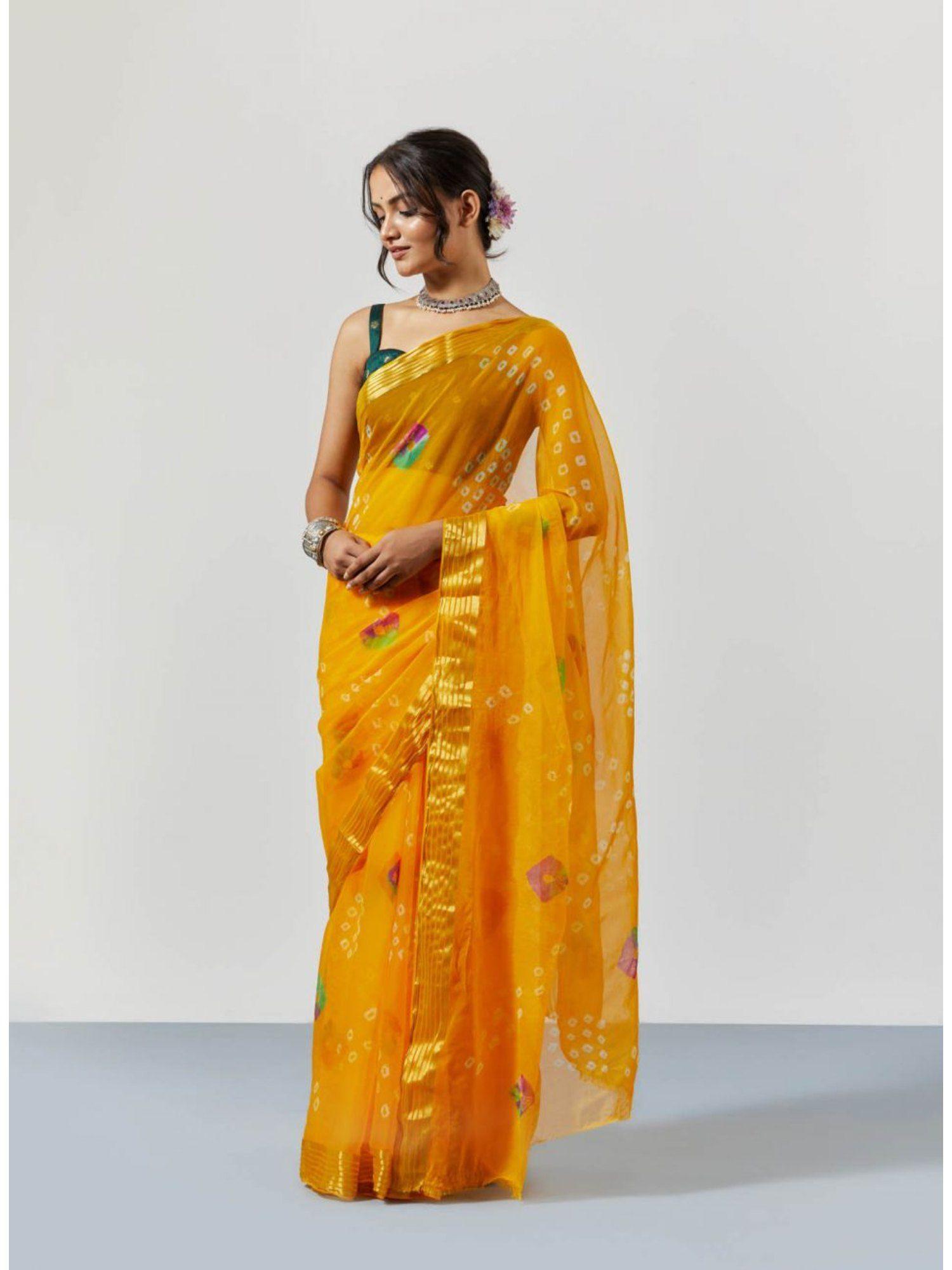 yellow tie and dye and bandhani chiffon saree with unstitched blouse