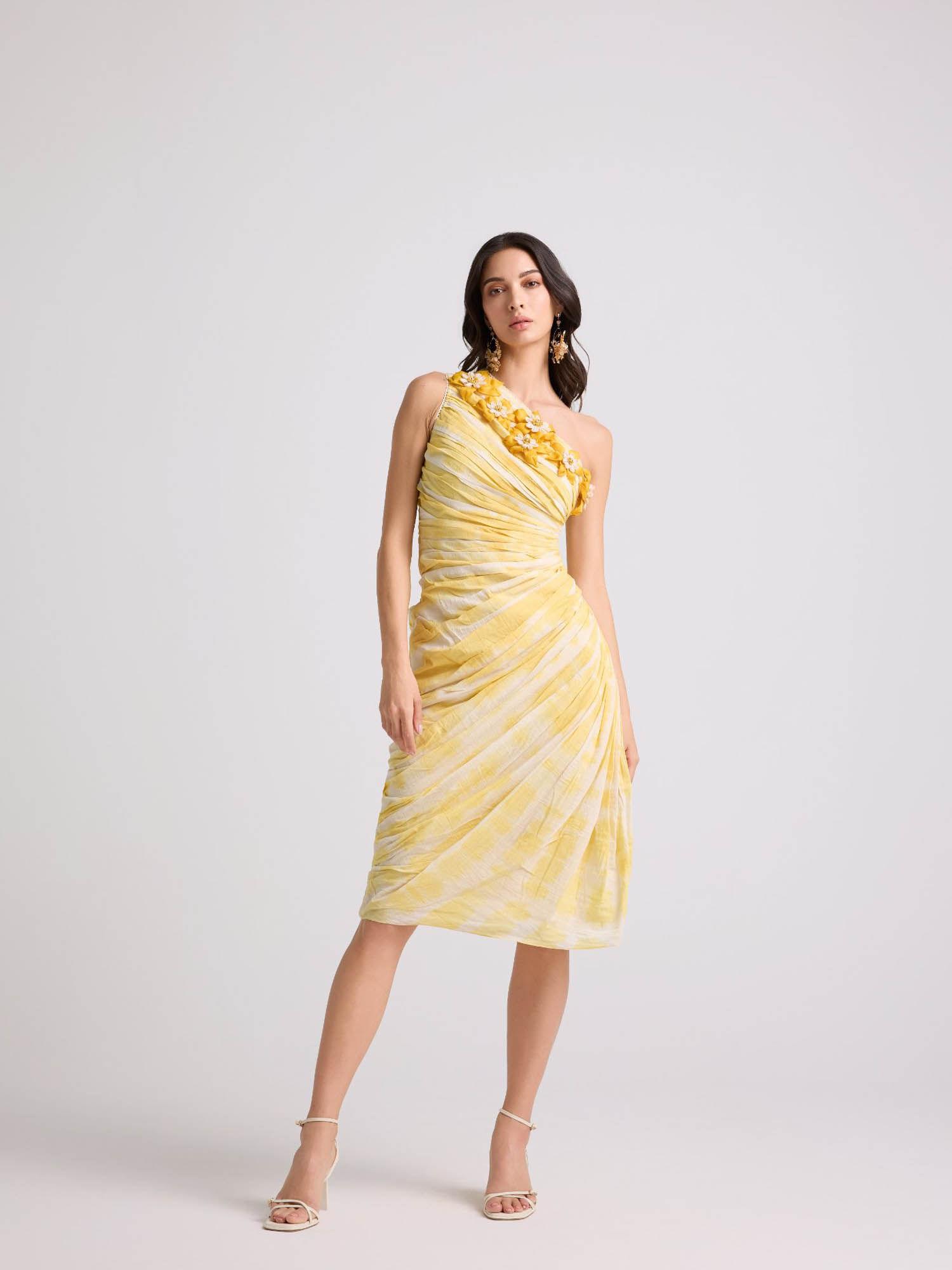 yellow tie-dye asymmetrical ruched dress