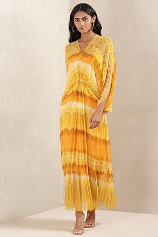yellow tie-dye printed kaftan dress