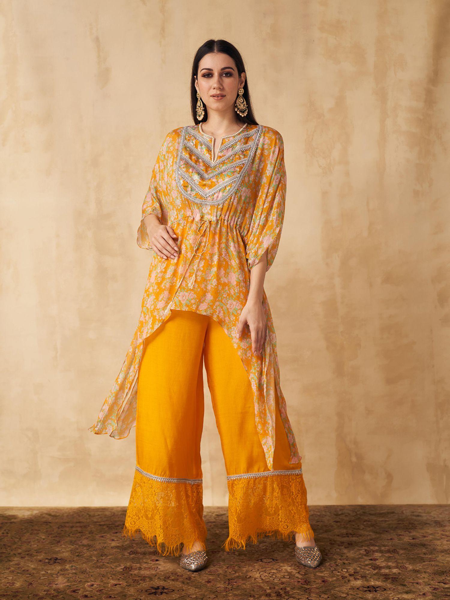 yellow tie-up tunic with pant (set of 2)