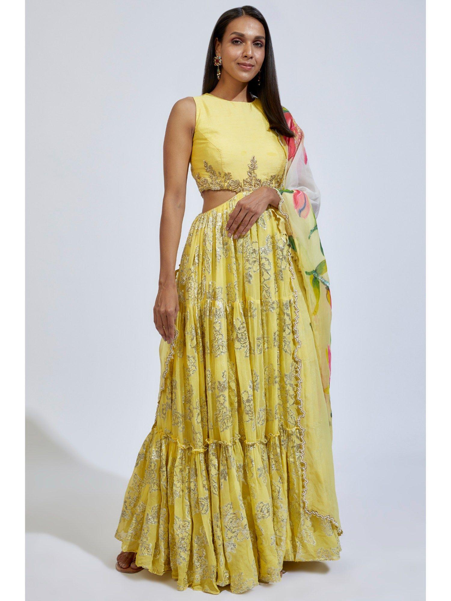 yellow tiered anarkali with hand painted dupatta (set of 2)