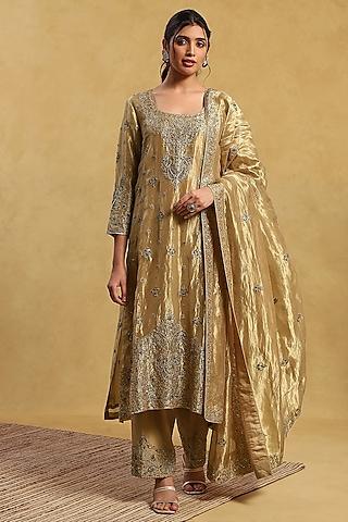 yellow tissue embroidered kurta set