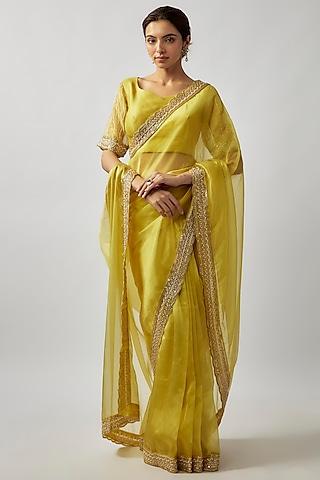 yellow tissue organza cutdana embroidered saree set