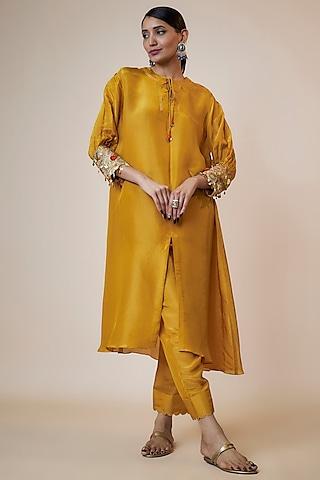 yellow tissue organza hand embroidered a-line kurta set