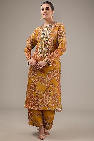 yellow tissue organza paisley printed & aari hand embroidered kurta set