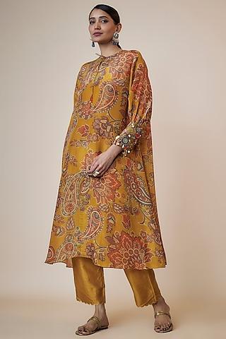 yellow tissue organza printed & embroidered a-line kurta set