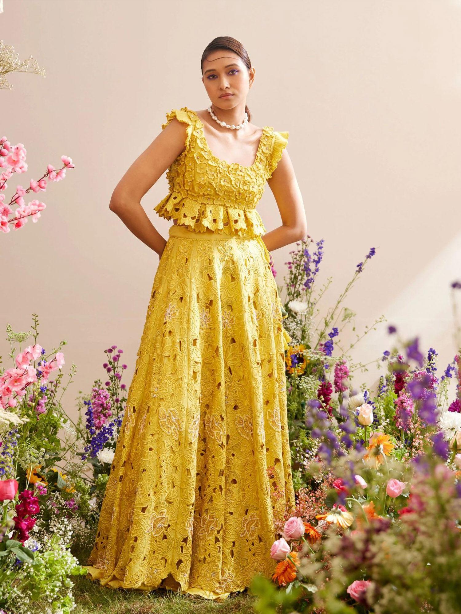 yellow tonal cutwork lehenga