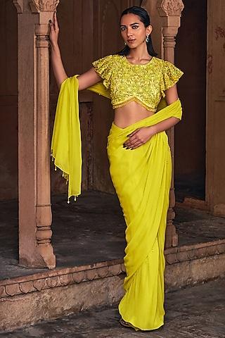 yellow tulle & georgette draped skirt saree set