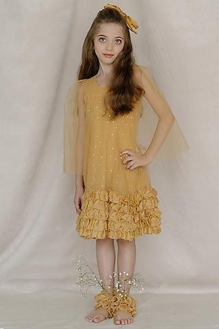 yellow tulle & net embroidered a-line dress for girls