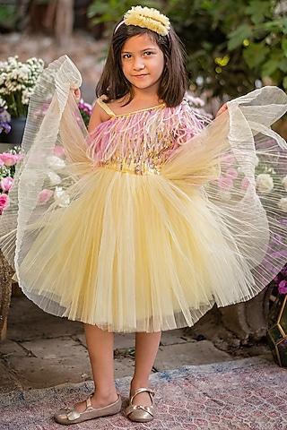 yellow tulle embroidered flared dress for girls