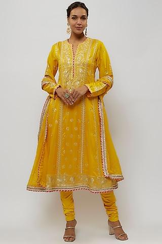 yellow tussar anarkali set