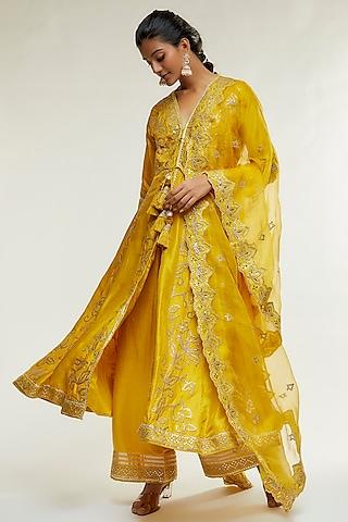 yellow tussar silk embroidered angrakha kurta set