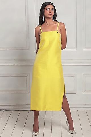 yellow tussord tweed midi dress