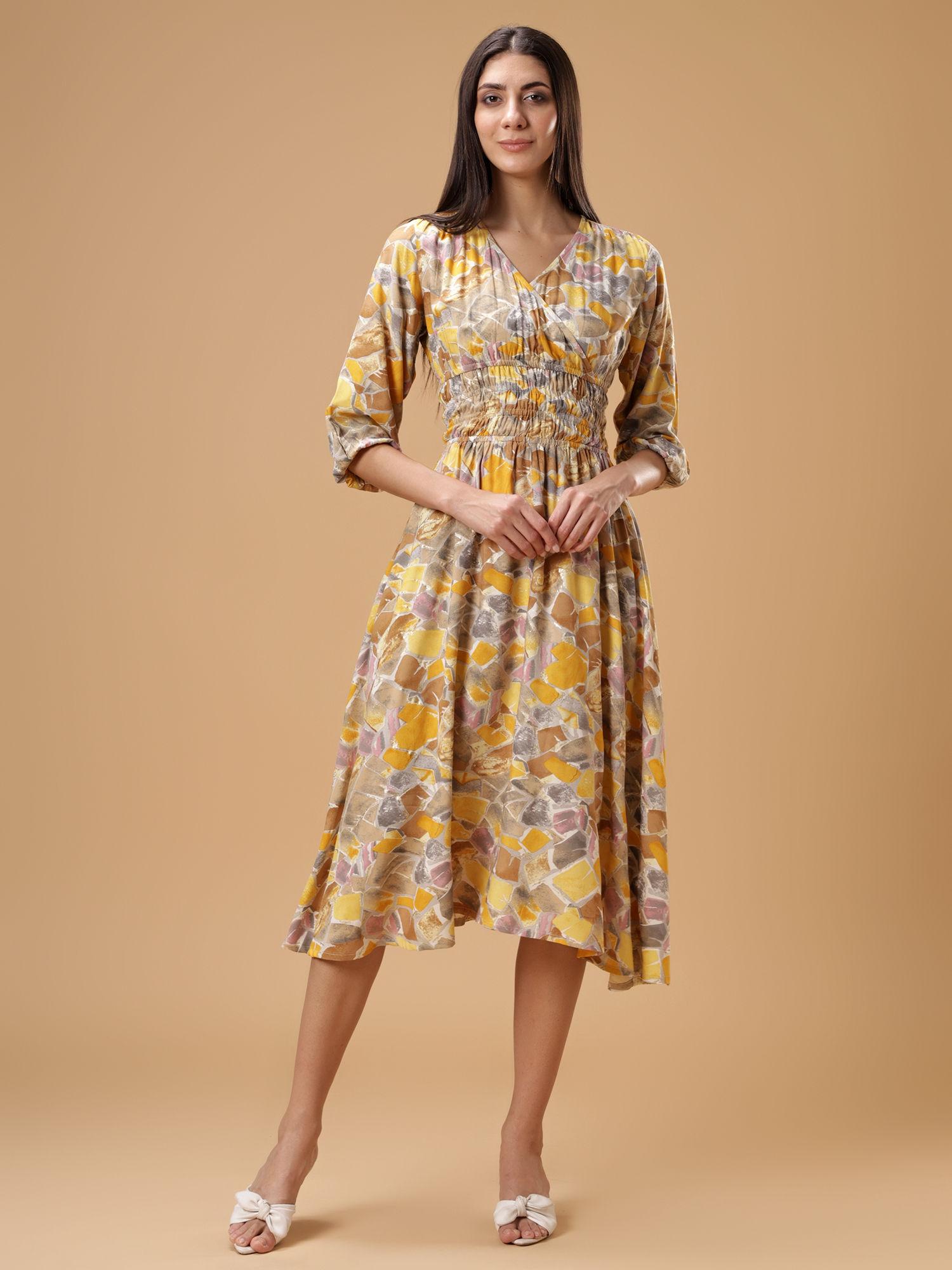 yellow v-neck ethnic printed a-line midi dress